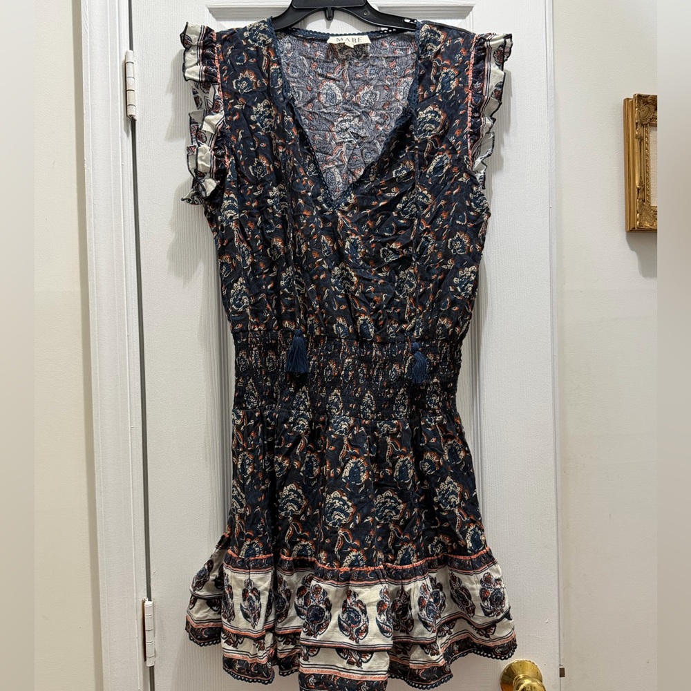 M.A.B.E. Mabe Blue Floral Print Ruffle Dress Size L Large worn 1x 100% Cotton